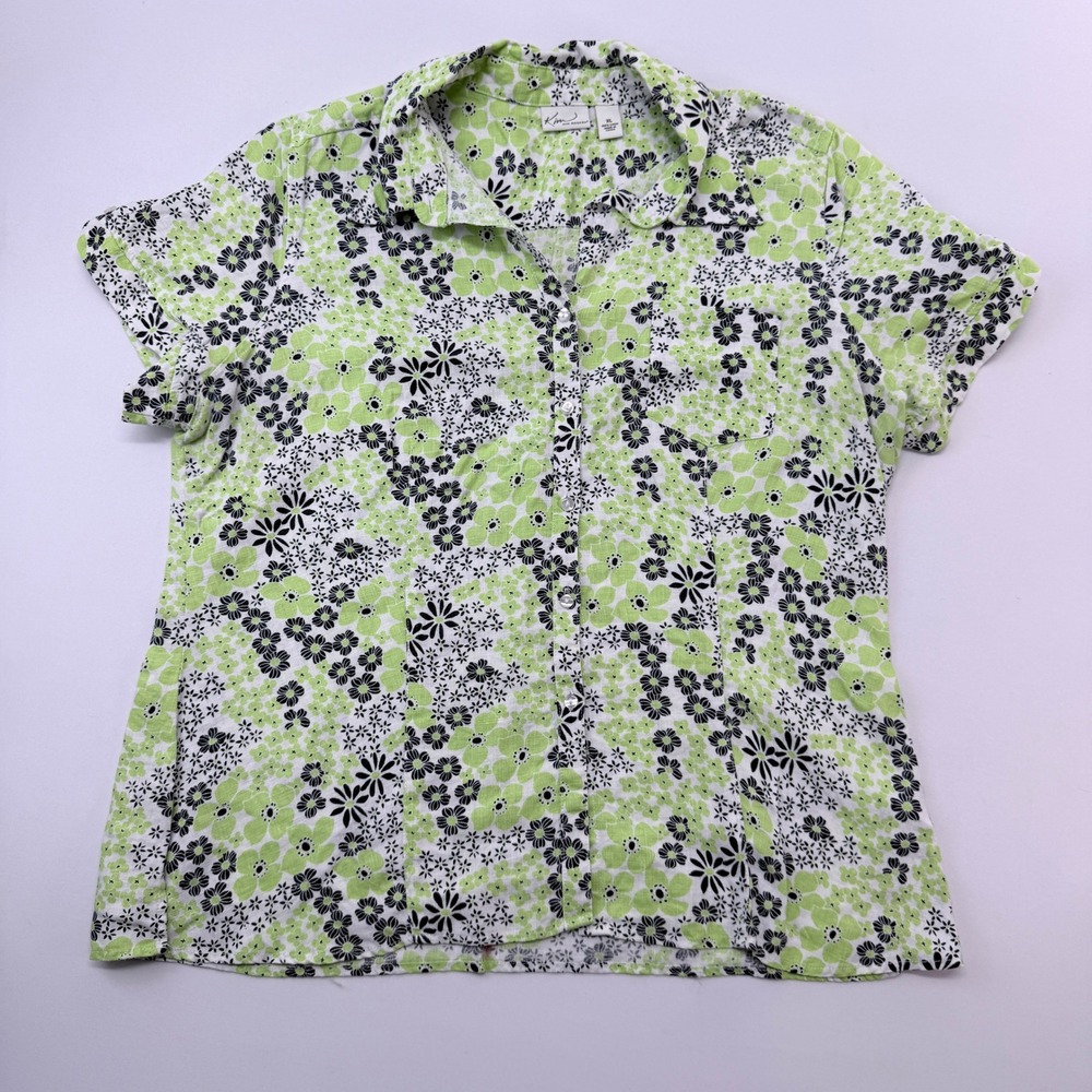 Kim Rogers Womens XL Green Black Floral100% Linen Short Sleeve Button Down Shirt
